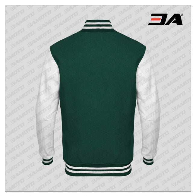 White Faux Leather Sleeves Green Wool Varsity Jacket