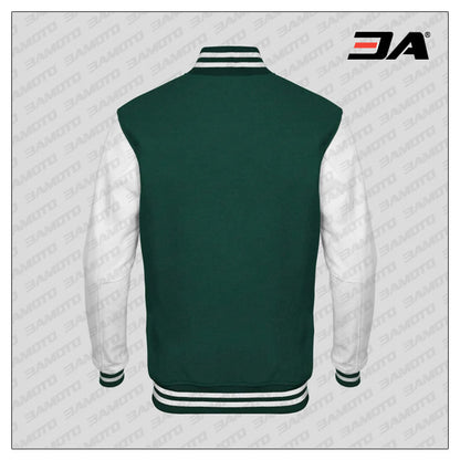 White Faux Leather Sleeves Green Wool Varsity Jacket