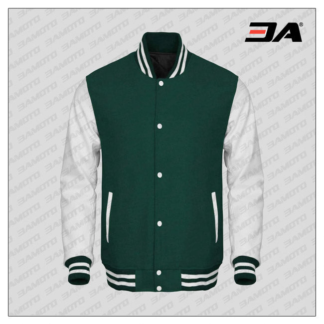 White Faux Leather Sleeves Green Wool Varsity Jacket