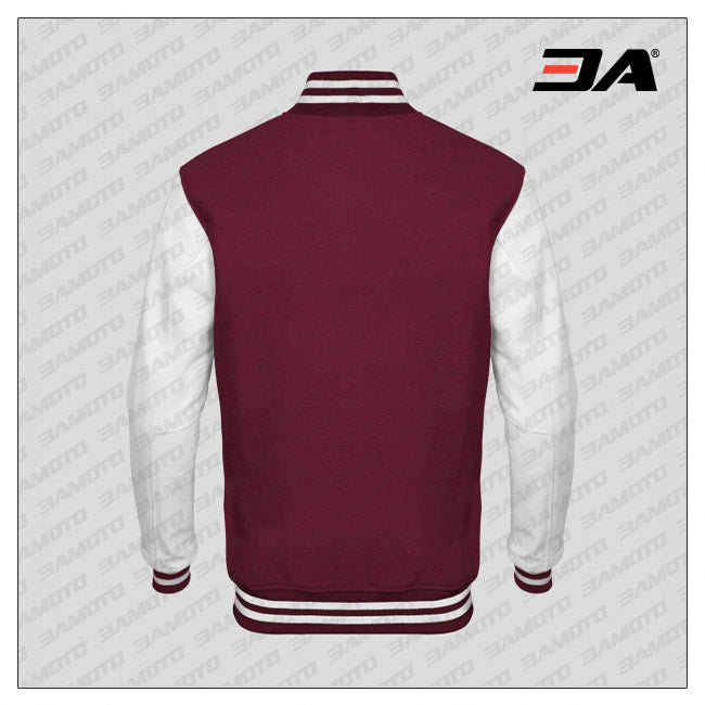 White Faux Leather Sleeves Maroon Wool Varsity Jacket