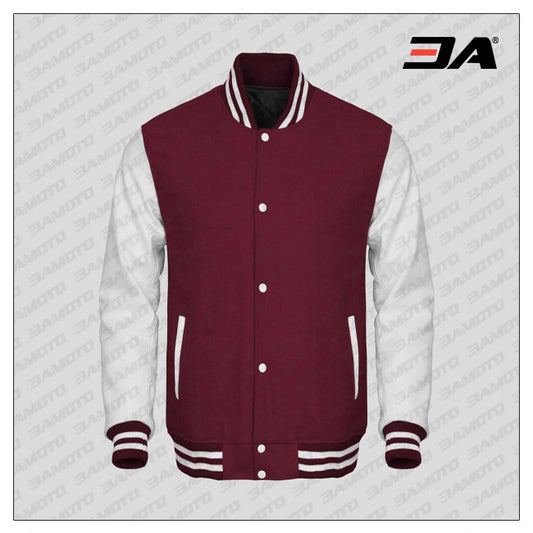 White Faux Leather Sleeves Maroon Wool Varsity Jacket - Fashion Leather Jackets USA - 3AMOTO