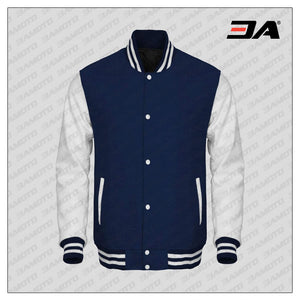 White Faux Leather Sleeves Navy Blue Wool Varsity Jacket