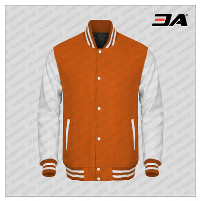 White Faux Leather Sleeves Orange Wool Varsity Jacket