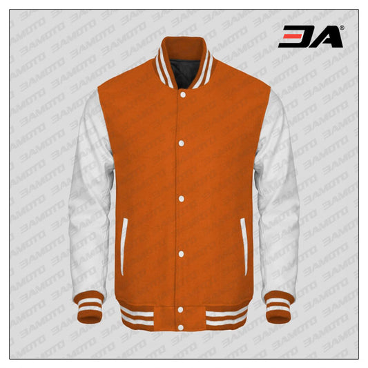 White Faux Leather Sleeves Orange Wool Varsity Jacket - Fashion Leather Jackets USA - 3AMOTO