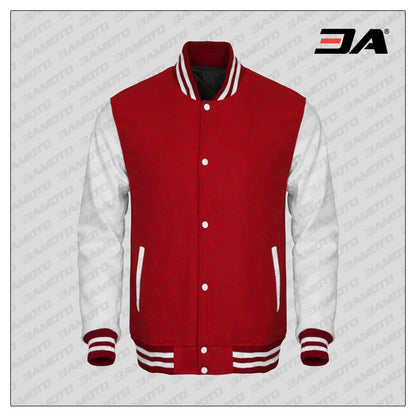 White Faux Leather Sleeves Red Wool Varsity Jacket