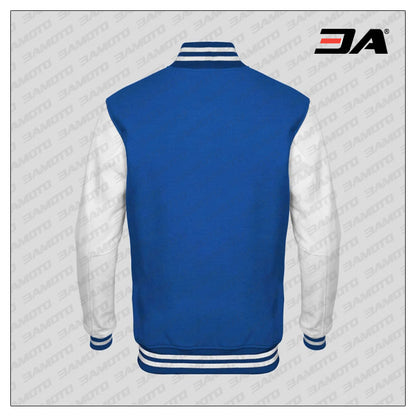 White Faux Leather Sleeves Royal Blue Wool Varsity Jacket