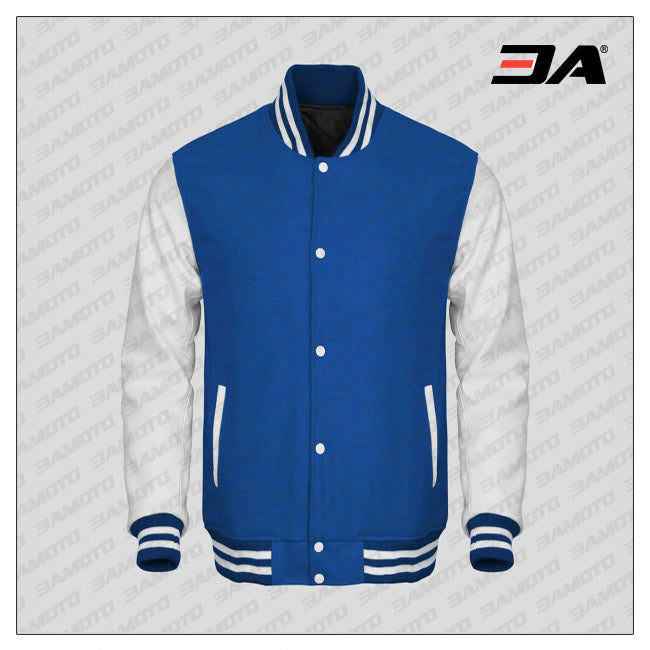 Mens Royal Blue Wool Varsity Jacket with Black Leather Sleeves In Canada