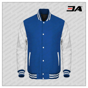 White Faux Leather Sleeves Royal Blue Wool Varsity Jacket
