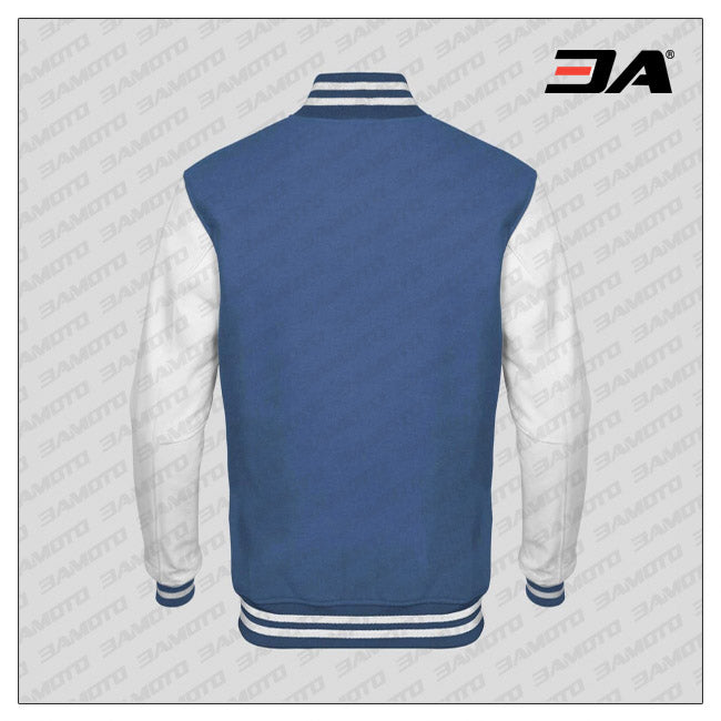 White Faux Leather Sleeves Sky Blue Wool Varsity Jacket