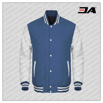 White Faux Leather Sleeves Sky Blue Wool Varsity Jacket