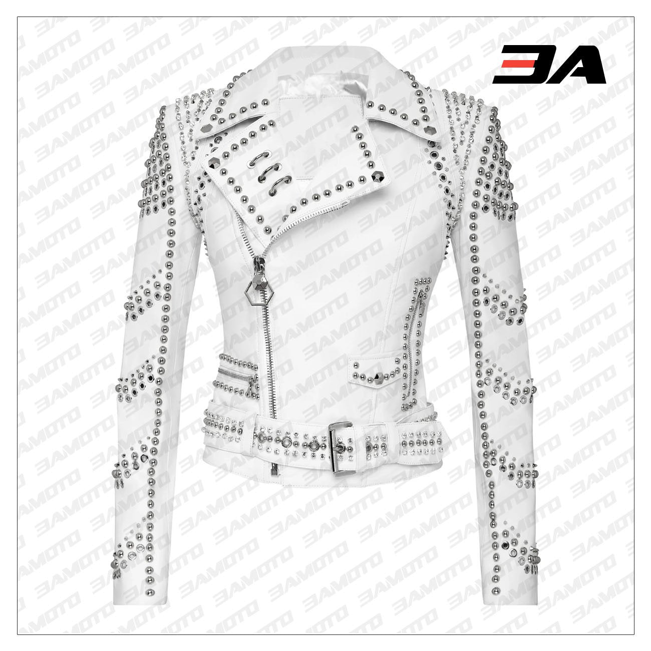 White Lambskin Perfecto Spike-Stud Biker Jacket - 3A MOTO LEATHER