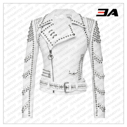 White Lambskin Perfecto Spike-Stud Biker Jacket - 3A MOTO LEATHER