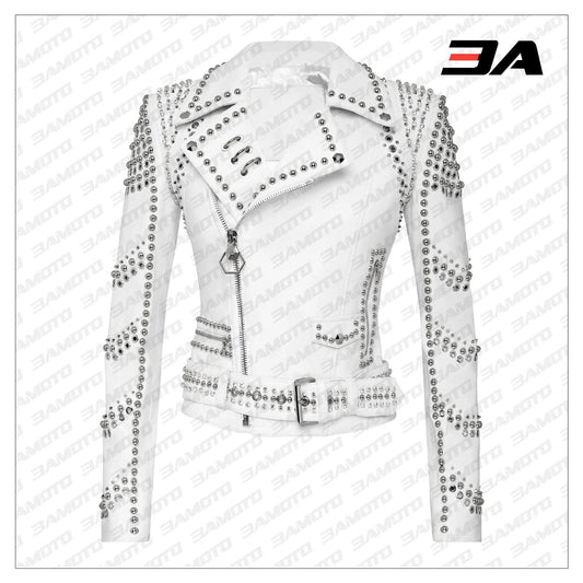 White Lambskin Perfecto Spike-Stud Biker Jacket - 3A MOTO LEATHER - Fashion Leather Jackets USA - 3AMOTO