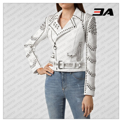 White Lambskin Perfecto Spike-Stud Biker Jacket - 3A MOTO LEATHER