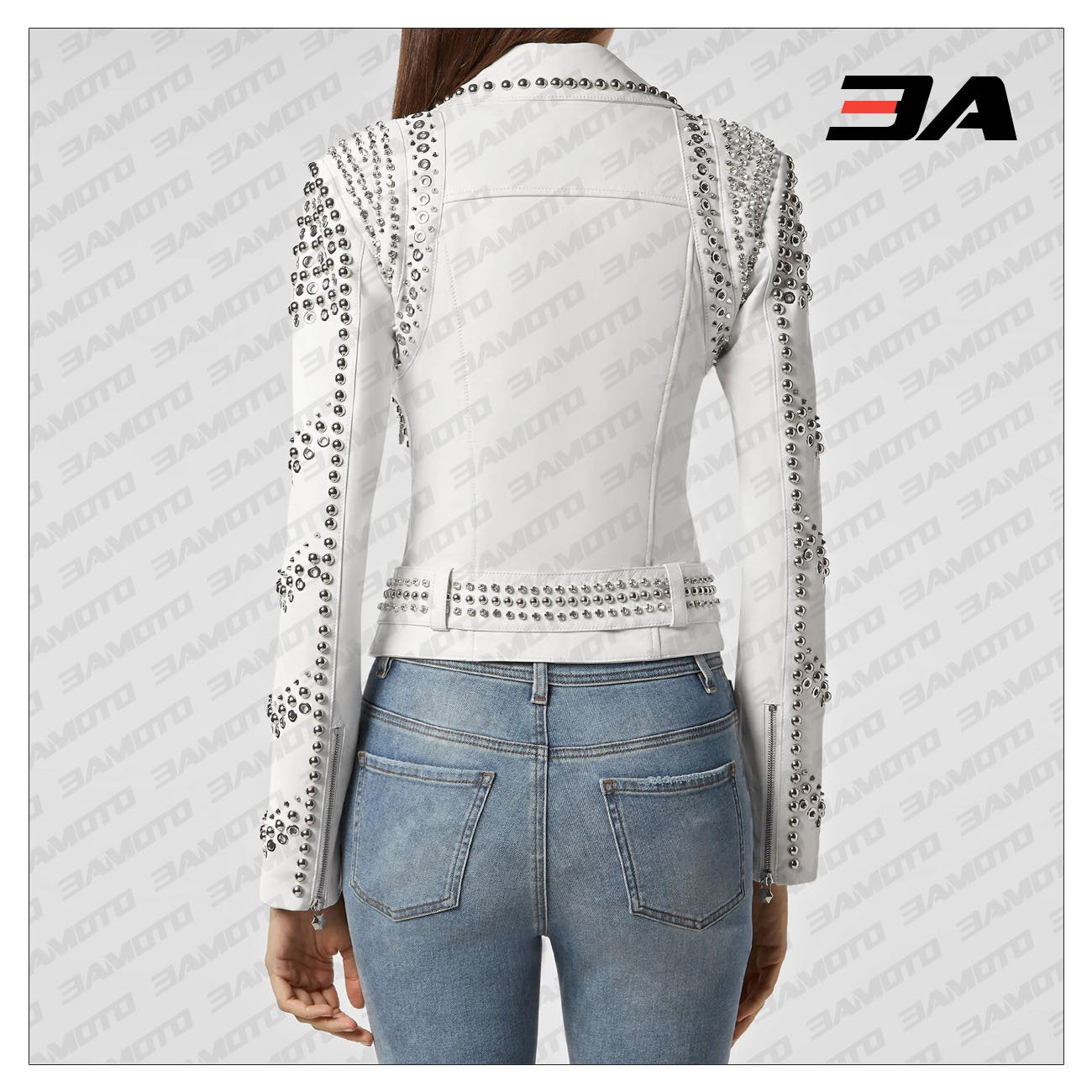 White Lambskin Perfecto Spike-Stud Biker Jacket - 3A MOTO LEATHER