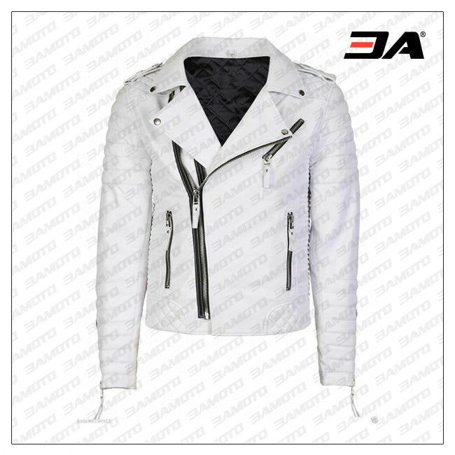 White Leather Biker Jacket Mens Double Breast Style