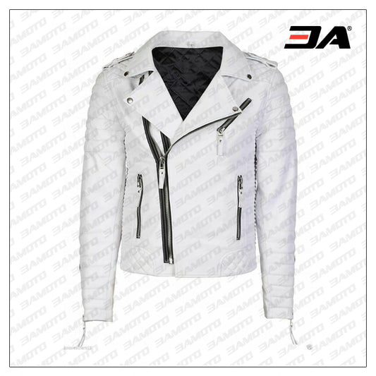 White Leather Biker Jacket Mens Double Breast Style - Fashion Leather Jackets USA - 3AMOTO