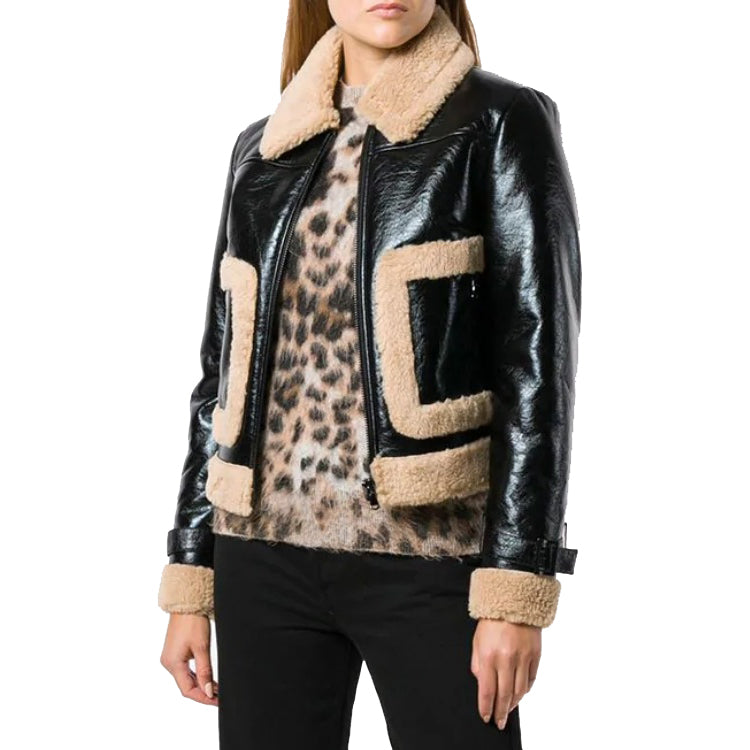 Women B3 Bomber Raf Aviator Flying Sheepskin Shearling Black Leather Jacket