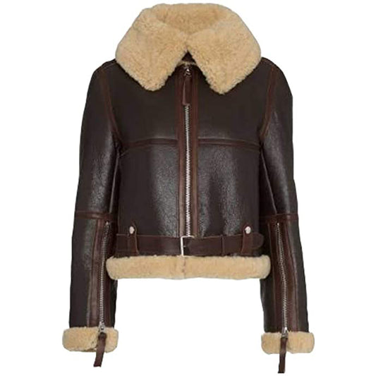 Women B3 Sheepskin Aviator Flight Fur Shearling Short Bomber Jacket - Fashion Leather Jackets USA - 3AMOTO