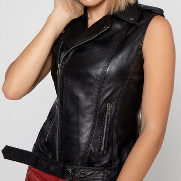 Black Real Leather Vest Woman Ruffles Sleeveless Real Leather
