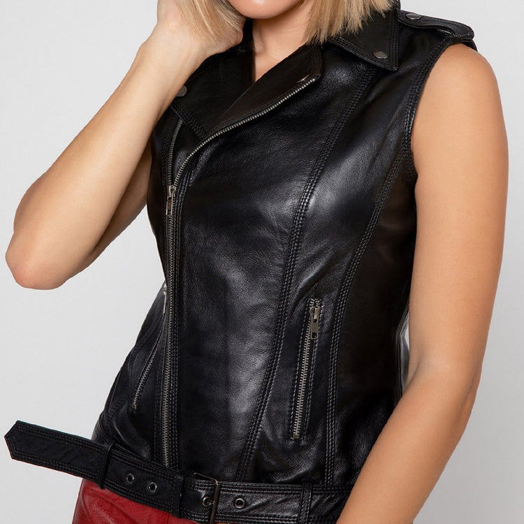 women black biker leather vest