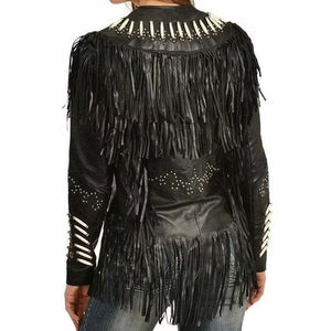 Women Black Western Style Leather Jacket With Fringe Real Leather