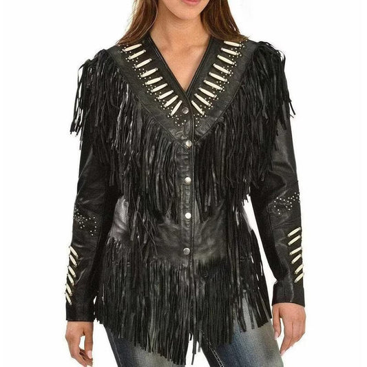 Women Black Western Style Leather Jacket With Fringe Real Leather - Fashion Leather Jackets USA - 3AMOTO