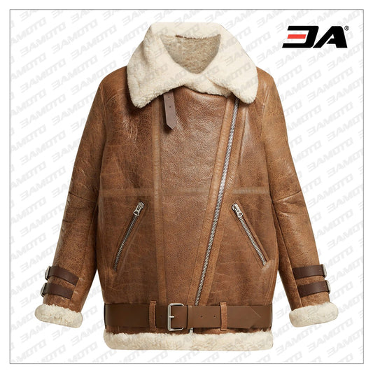 women brown shearling jacket - Fashion Leather Jackets USA - 3AMOTO