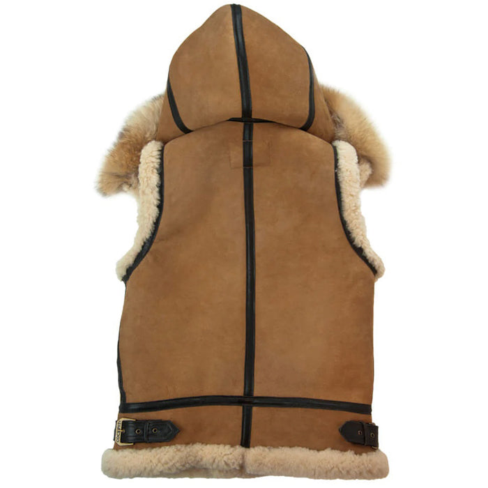 Women's Tan Hooded B-3 Suede Leather Shearling Vest