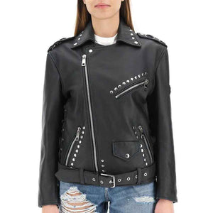 Women Leather Biker Jacket with Studs