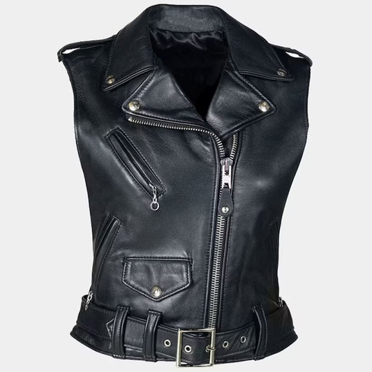 Women Black Leather Motorcycle Vest - Fashion Leather Jackets USA - 3AMOTO