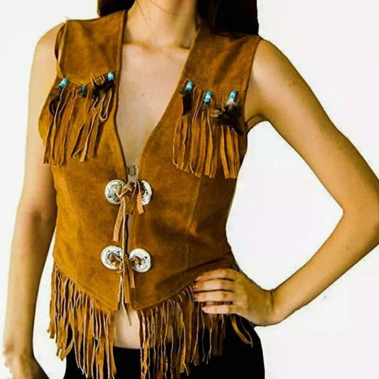 Women Native American Suede Leather Fashion Vest - Fashion Leather Jackets USA - 3AMOTO