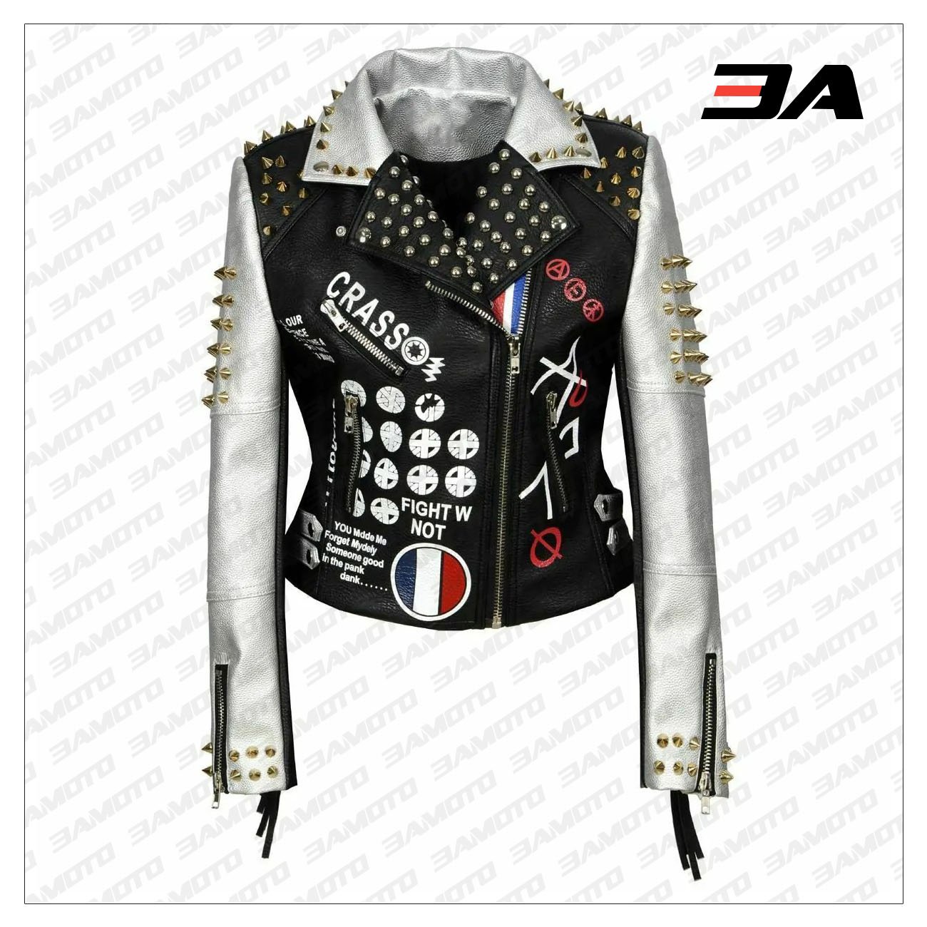 Women s Black Printed Leather Biker Jacket by 3a Moto Leather on