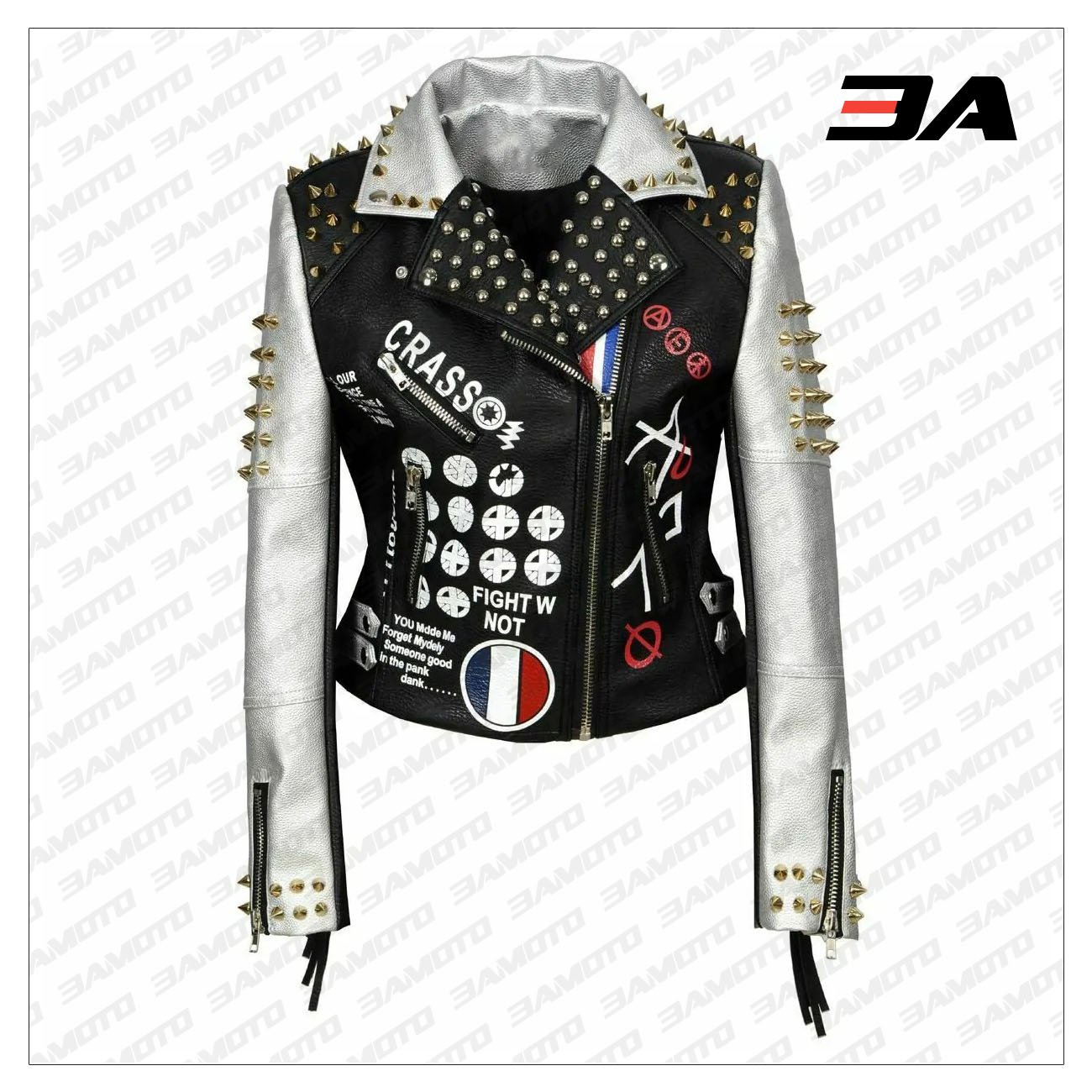 Women Punk Biker Jacket Letter Print Graffiti Rivet Fringe Coat - 3A MOTO LEATHER