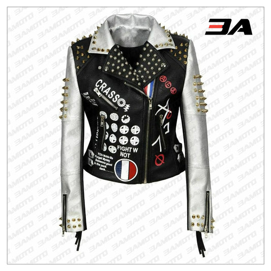 Women Punk Biker Jacket Letter Print Graffiti Rivet Fringe Coat - 3A MOTO LEATHER - 3amoto shop