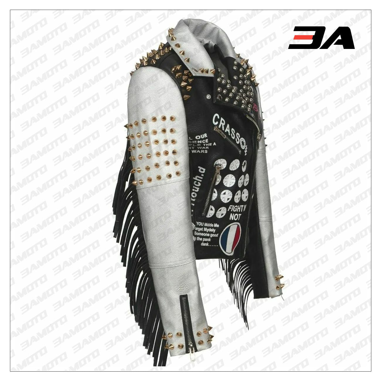 Women Punk Biker Jacket Letter Print Graffiti Rivet Fringe Coat - 3A MOTO LEATHER