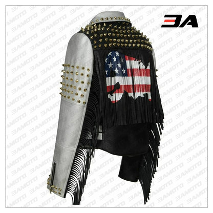 Women Punk Biker Jacket Letter Print Graffiti Rivet Fringe Coat - 3A MOTO LEATHER