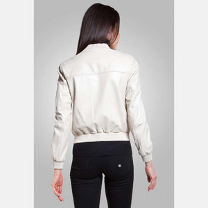 Women’s White Leather Bomber Jacket Back
