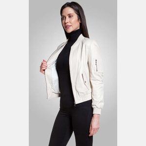 Women’s White Leather Bomber Jacket Side