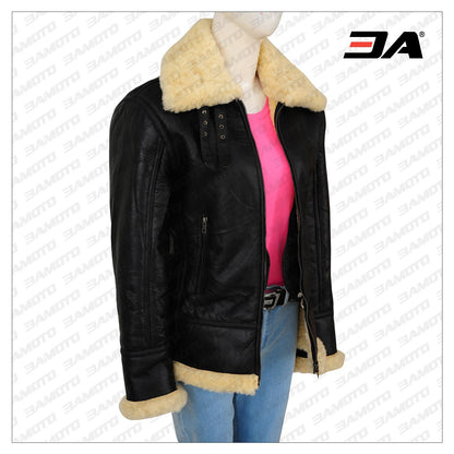 women shearling b3 bomber black jacket