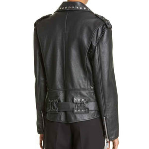 women studded black leather moto jacket