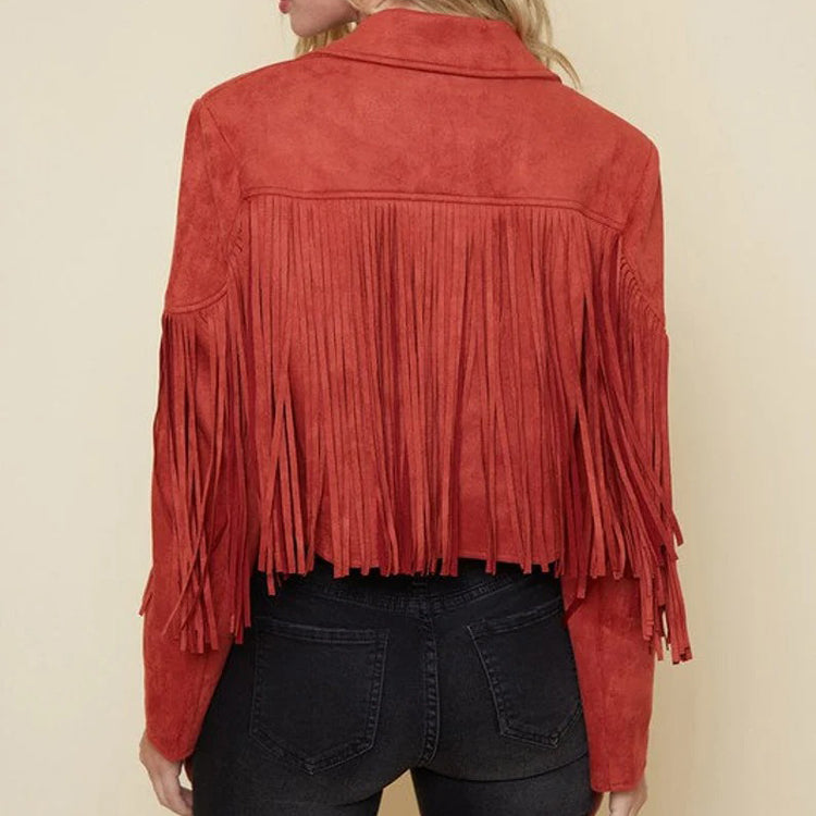 Women Suede Rust Moto Jacket with Fringe