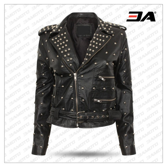 Women Gothic Handmade Black Leather Jacket With Full Golden Studs Brando Jacket For Women - Fashion Leather Jackets USA - 3AMOTO