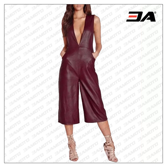 Women Deep V Culotte Burgundy Lambskin Leather Romper Catsuit