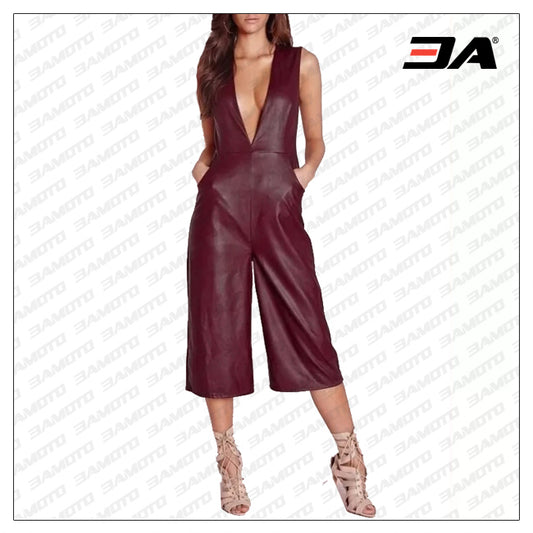 Women Deep V Culotte Burgundy Lambskin Leather Romper Catsuit - Fashion Leather Jackets USA - 3AMOTO