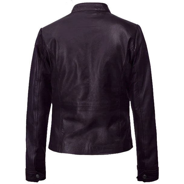 Women Purple Leather Jacket Back