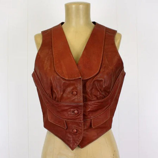 Womens 1970s Brown Leather Vest - Fashion Leather Jackets USA - 3AMOTO