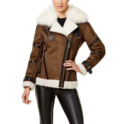 womens brown bomber shearling jacket