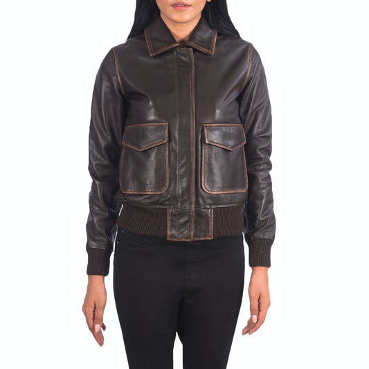 Womens A-2 Brown Leather Bomber Jacket - Fashion Leather Jackets USA - 3AMOTO