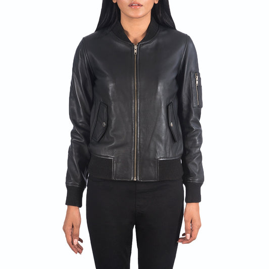 Womens Aviator Black Leather Bomber Jacket - Fashion Leather Jackets USA - 3AMOTO